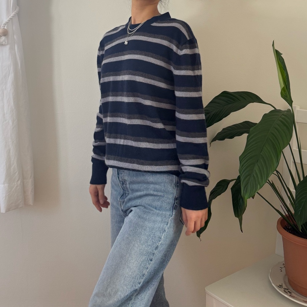Banana Republic 100% Merino Wool Navy Grey Striped Sweater Preppy Size M - Picture 5 of 10